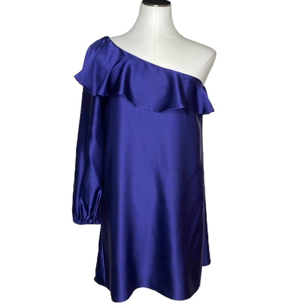 Amanda Uprichard Navy Blue Long Sleeve One Shoulder Silk Dress